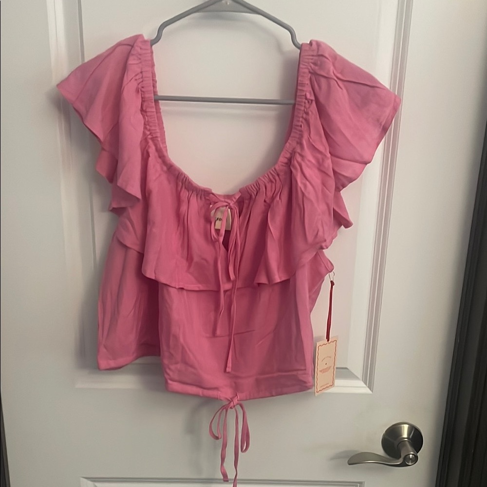 Pastel Pink Blouse with Ruffled Neckline and Cap Sleeves